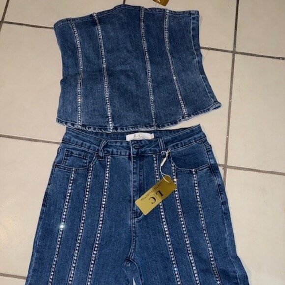 2 Piece Bedazzled Jean set with a Strapless top Sz M by Lizette Collection - Picture 4 of 6